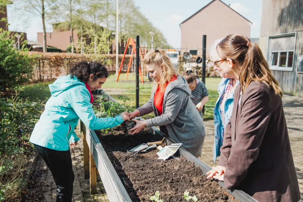 Bewoners en begeleiders planten samen bloemen in een verhoogde moestuinbak